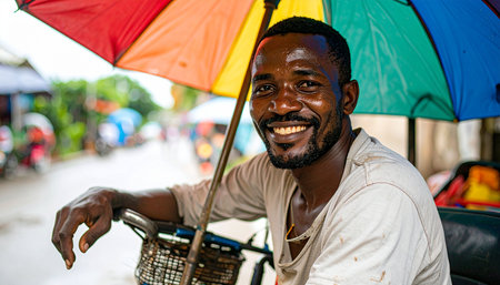 Trisikad drivers park and wait for customers under the warm glow of the setting sun in a quiet neighborhood. Ai-Generated.の素材