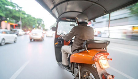 A driver expertly navigates a bright orange bajaj through a sun-drenched urban landscape, showcasing the iconic vehicle. Ai-Generatedの素材