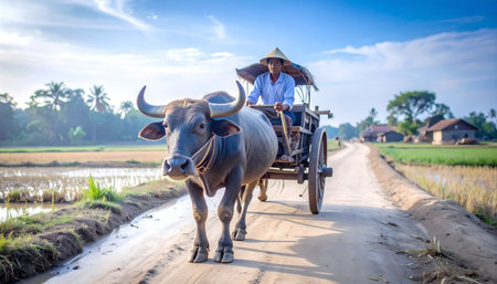 A Cambodian man steers his sturdy ox cart down a dusty rural road, showcasing traditional transportation amidst lush rice fields under a bright sky. Ai-Generatedの素材