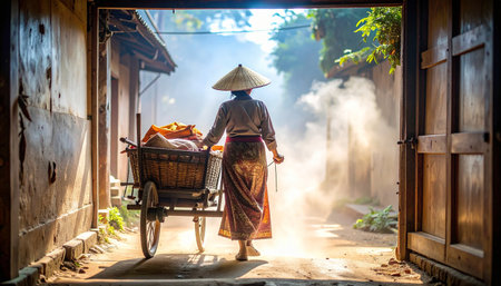 A person in a traditional conical hat pushes a cart through a misty, sunlit alley, evoking the atmosphere of an old Asian market. Ai-Generatedの素材
