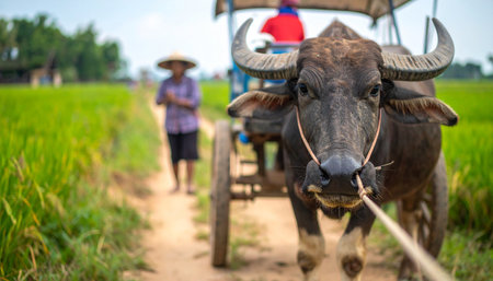 A close-up view of an ox pulling a cart, with a Cambodian farmer in the background, traversing a narrow path through verdant rice fields. Ai-Generated.の素材
