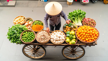 An overhead view captures an Asian street vendor, in a conical hat, skillfully arranging a colorful bounty of fruits and vegetables on her traditional cart. Ai-Generated.の素材