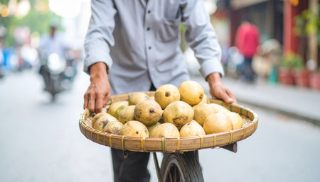 A street vendor holds a large, traditional woven basket overflowing with fresh, round yellow fruits, likely pears or guavas, on a bustling street. Ai-Generated.の素材