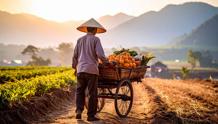 An Asian vendor, wearing a conical hat, pushes a loaded cart of fresh produce through a rural landscape at sunrise, heading to market. Ai-Generated.の素材