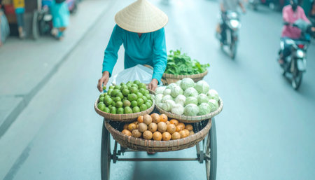 A traditional Asian street vendor, wearing a conical hat, pushes a cart laden with fresh vegetables and fruits through a vibrant market scene. Ai-Generated.の素材