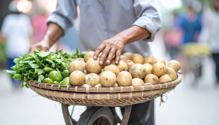 A vendor's hand selects fresh potatoes and green leafy vegetables from a woven basket on a mobile cart in an Asian market. Ai-Generated.の素材