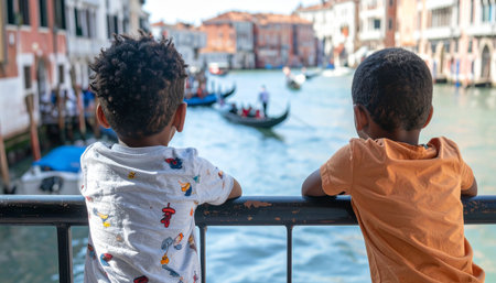Two young boys from behind, leaning on a railing, captivated by the bustling activity of gondolas on the Grand Canal in Venice, Ai-Generatedの素材