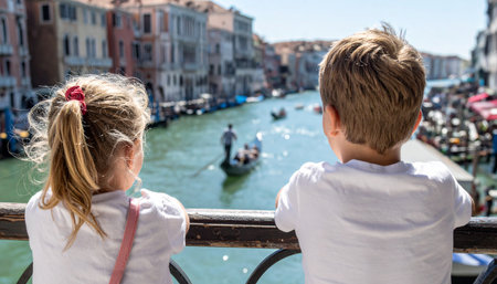 A young boy and girl stand on a bridge, gazing out at the picturesque Grand Canal in Venice with gondolas passing by, Ai-Generatedの素材