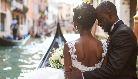 A beautiful Black couple in wedding attire shares a tender moment on a gondola in Venice, celebrating love amidst historic canals. Ai-Generatedの素材