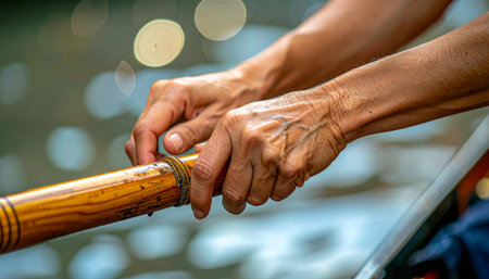 A close-up of a gondolier's weathered hands firmly gripping the oar, reflecting dedication and tradition on Venetian waters. Ai-Generatedの素材