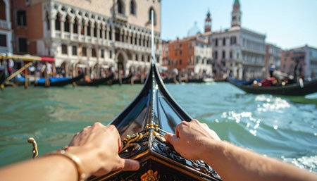 An immersive first-person view from a gondola, with hands grasping the ornate front as it glides through Venice's Grand Canal. Ai-Generatedの素材