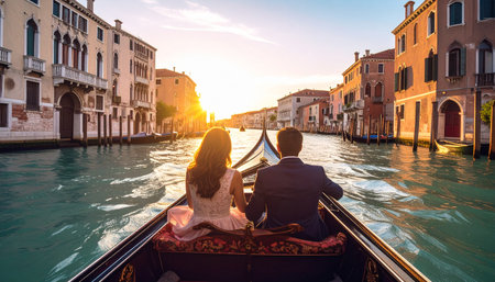 A couple on a gondola glides into the golden sunset in Venice, silhouetted against the stunning sky and historic canals. Ai-Generatedの素材
