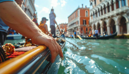 A gondolier's hand on the boat's edge, offering a unique perspective of Venetian canals filled with bustling activity and historic architecture. Ai-Generatedの素材