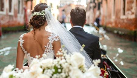 A newlywed couple, seen from behind, enjoys a romantic gondola ride in Venice, surrounded by historic Italian architecture. Ai-Generatedの素材
