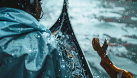A person in a blue rain jacket views the canal from a gondola during a gentle rain shower, evoking a serene yet intimate moment. Ai-Generatedの素材