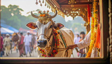 A striking low-angle close-up of a white bull adorned with golden head jewelry, led by a man in a vibrant blue embroidered jacket. Ai-Generatedの素材