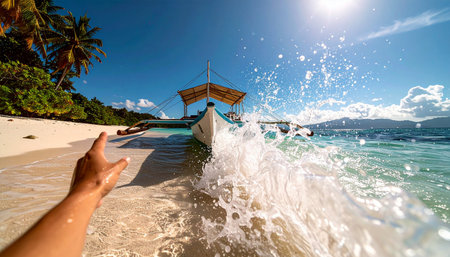 Dynamic perspective of a Philippine banca boat arriving at shore as waves crash toward the viewer, capturing vibrant tropical travel energy, Ai-Generatedの素材