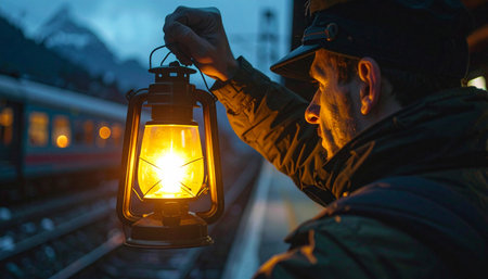 Close-up of a uniformed station employee holding a brightly glowing lantern, preparing to signal the night train's departure in the mountains. Ai-Generatedの素材