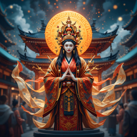 Beautiful asian woman in chinese temple. 3d renderingの素材