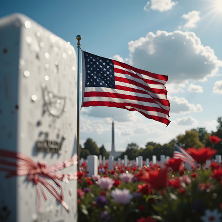 American flag on a grave in a cemetery. 3D rendering.の素材