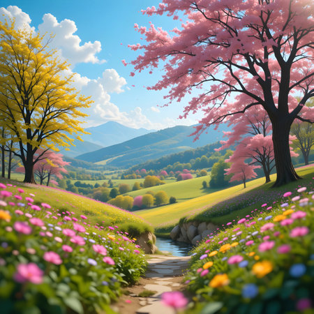 Beautiful spring landscape with blooming meadow and cherry blossom treesの素材