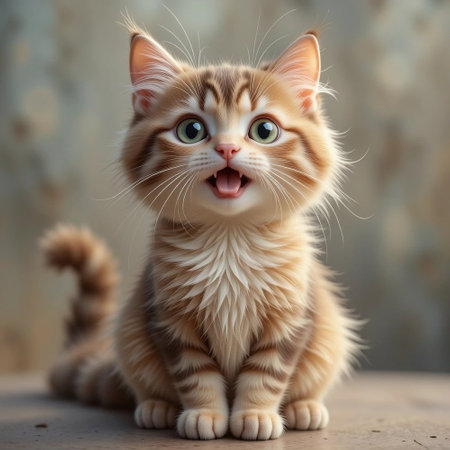 Beautiful red kitten sits on the floor and yawns. Close-up.の素材