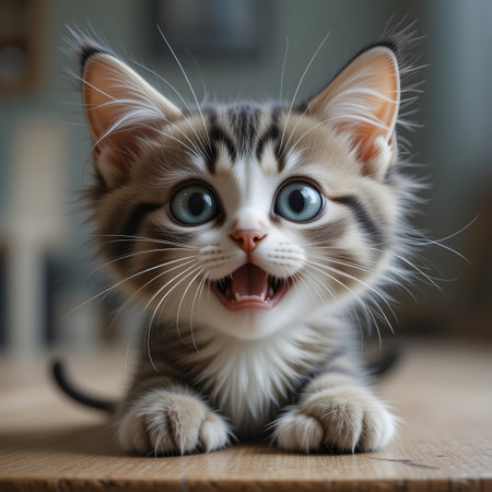 Cute little kitten with blue eyes on wooden table at home.の素材