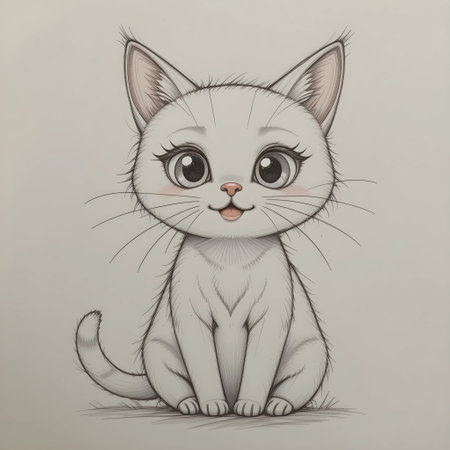 Cute cartoon cat on gray background. Hand-drawn illustration.の素材