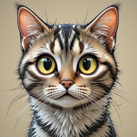 Portrait of a cat with yellow eyes on a gray background.の素材