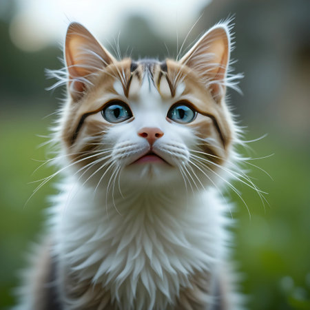 Portrait of a cute cat with blue eyes on a green backgroundの素材