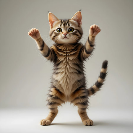 Cute british shorthair kitten with raised hands on gray backgroundの素材
