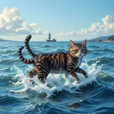 Cat jumping in the sea with sailboat on background. 3D illustration.の素材