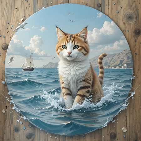 Cute cat sitting on the sea waves with boat in the backgroundの素材