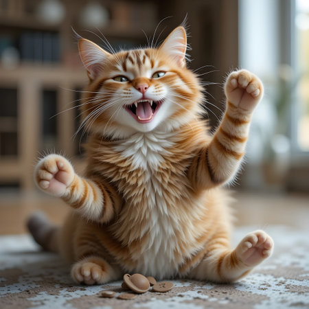 Cute ginger cat playing with cookies on the floor at home.の素材