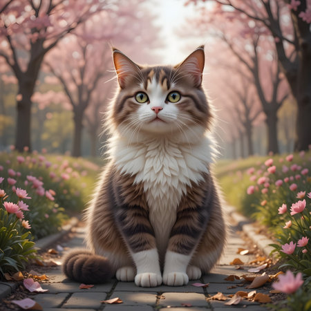 Beautiful tabby cat sitting in blooming spring garden with pink flowersの素材