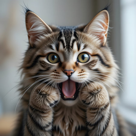 Closeup portrait of cute Maine Coon kitten with funny expression.の素材