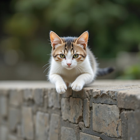 Cute cat on brick wall, selective focus on the eye.の素材