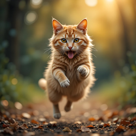 Cute ginger cat running fast in autumn forest. Fluffy pet.の素材