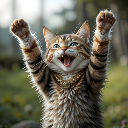Funny bengal cat with open mouth and raised arms.の素材