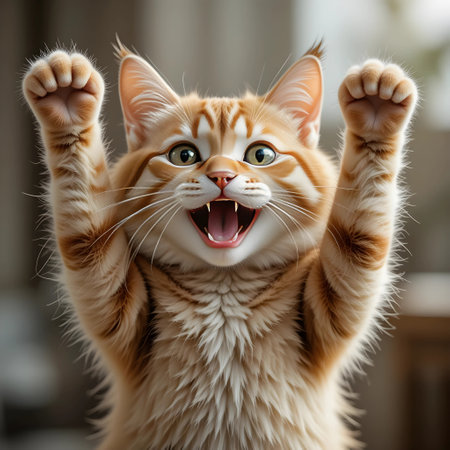 Funny ginger cat with open mouth and raised paw on light backgroundの素材