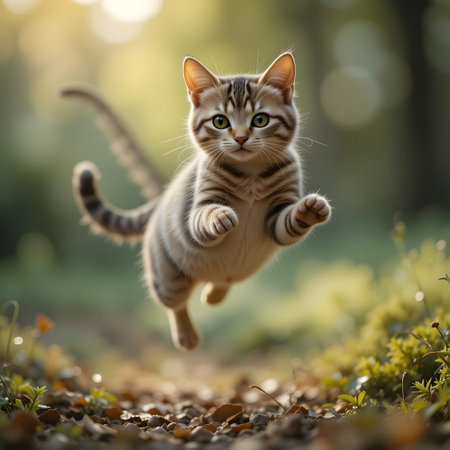 Cute little kitten jumping in the autumn forest on a sunny day.の素材