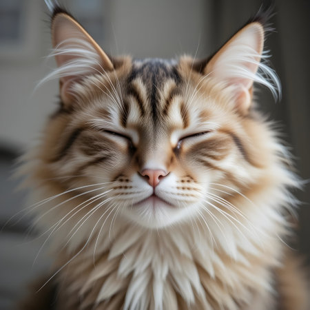 Beautiful Maine Coon cat close up portrait. Selective focus.の素材