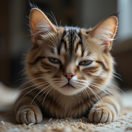 Portrait of a cute bengal cat on the carpet.の素材