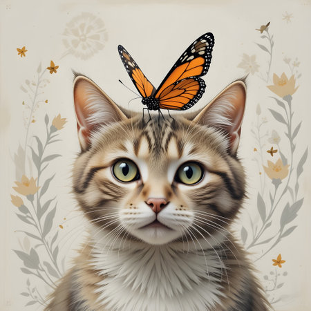 Portrait of a cat with a butterfly on his head, floral backgroundの素材