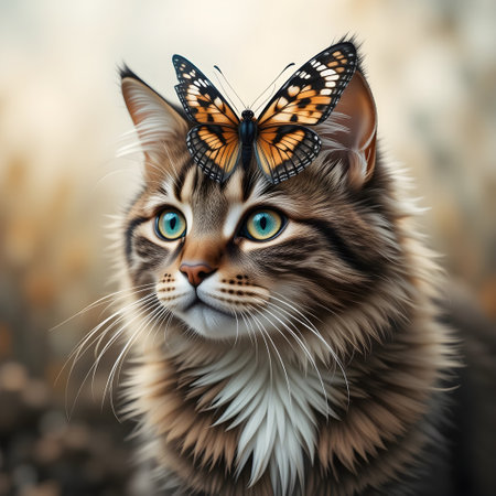 Portrait of a beautiful Maine Coon cat with butterfly on its head.の素材