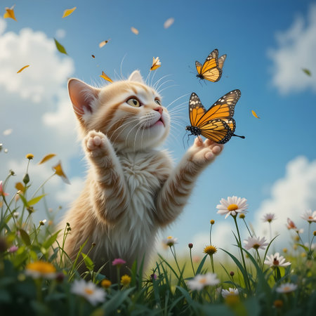 Funny kitten playing with butterfly in the meadow on sunny dayの素材