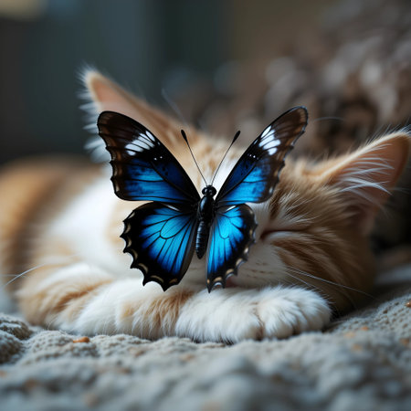 Cute cat with blue butterfly on the bed. Soft focus.の素材