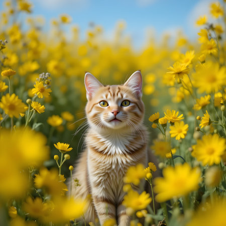 Cute ginger cat sitting in a field of yellow flowers and looking upの素材