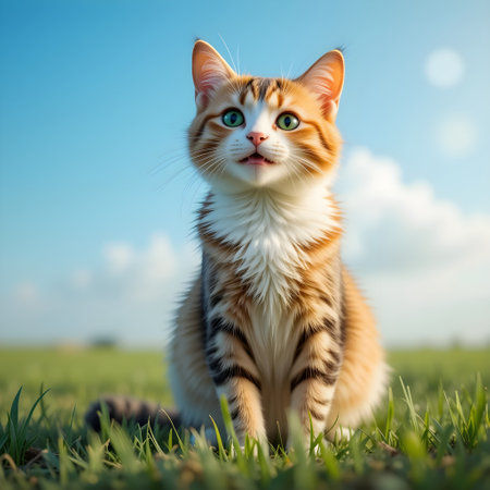 Cute kitten sitting on the green grass in the meadow.の素材