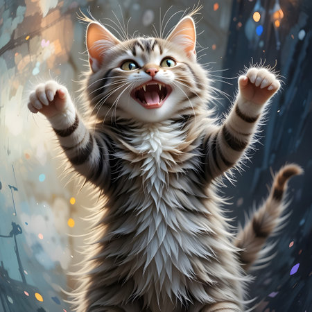 Funny cat with open mouth on a background of falling snow.の素材